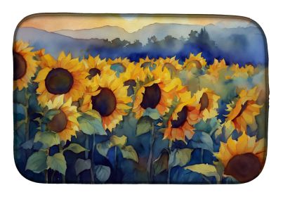 Sunflowers in Watercolor Dish Drying Mat Absorbent Dish Drying Mat Pad for Kitchen Counter Dish Drainer Mat for Countertop, 14 x 21", Multicolor