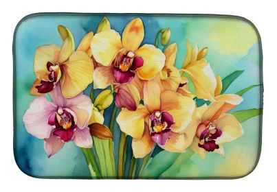 Orchids in Watercolor Dish Drying Mat Absorbent Dish Drying Mat Pad for Kitchen Counter Dish Drainer Mat for Countertop, 14 x 21", Multicolor