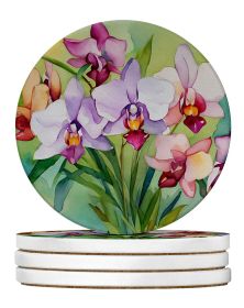 Orchids in Watercolor Large Sandstone Coasters Pack of 4 Absorbent Round Coasters Decor Gifts for Men or Women, 4 in, Multicolor